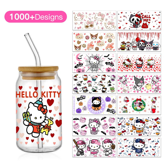 Kawaii Stationary Hello Kitty UV DTF Cup Wrap for 16oz Libbey Glass Sticker Can Tumbler Transfer for Cup Wraps Libbey