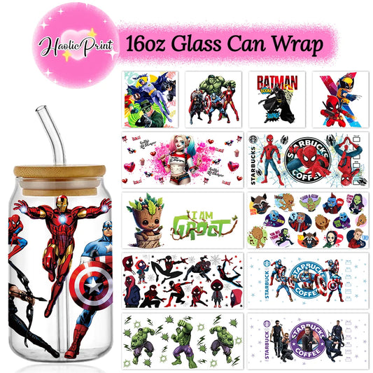 Marvel DC UV DTF Libbey Glass Can Wrap 16oz Libbey Glass Can Transfer Sticker Spider Iron Bat Harley JOKER