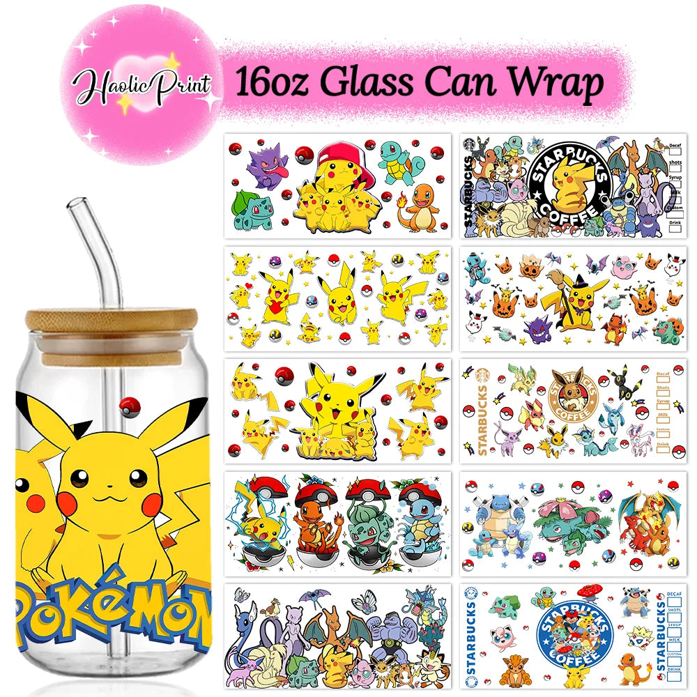 Pikachu 16oz Libbey Glass Can UV DTF Wrap DIY Libbey Glass Can UV DTF Transfer Senior 3D Sticker Bad Witches