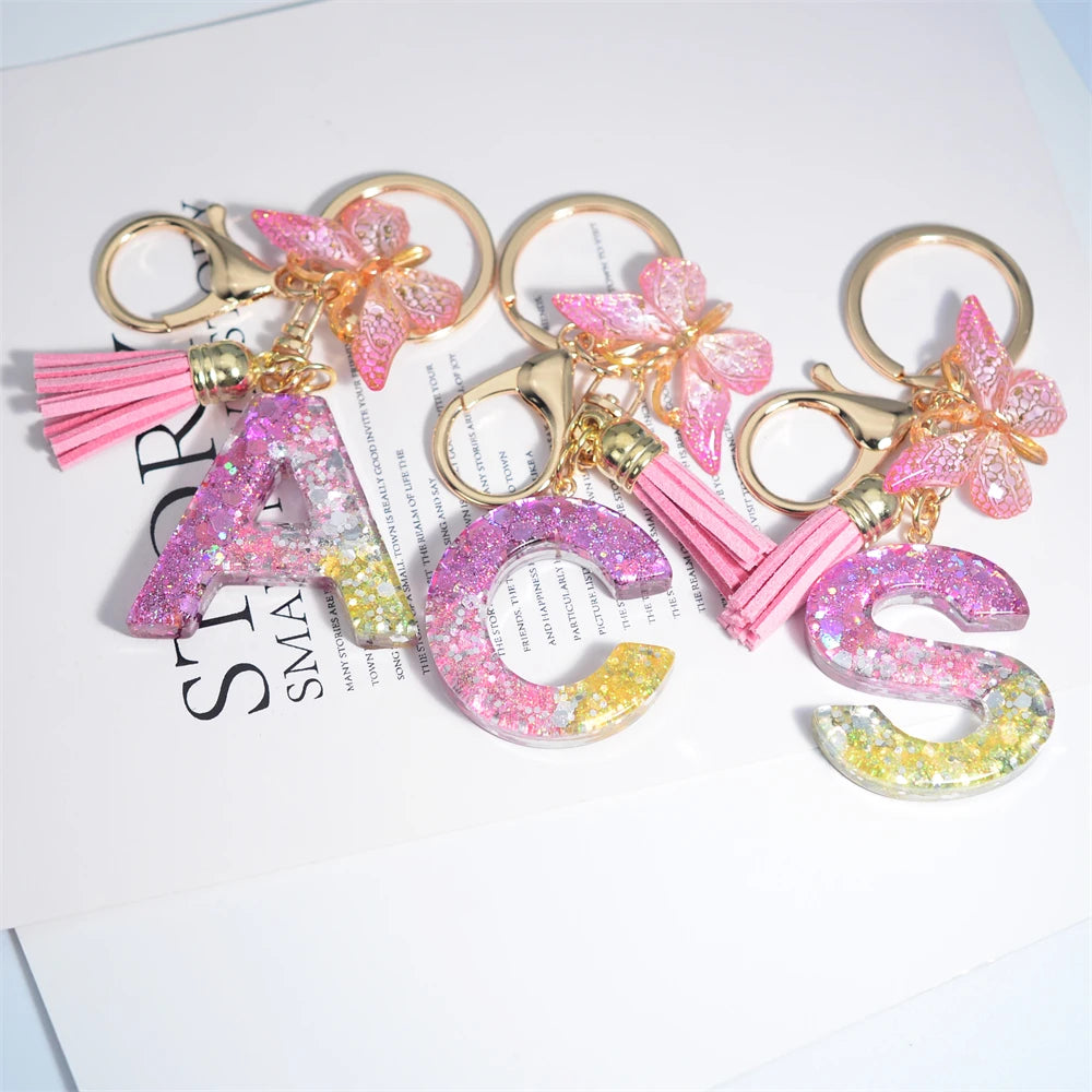 Cute Resin A-Z Initials Letter Keychain Pink Sparkle Butterfly Tassel Pendant Keyring for Women Girl Purse Handbags Jewelry Gift