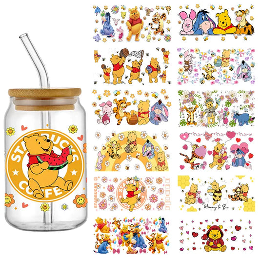 Disney Cartoon Bear Winnie the Pooh Pattern UV DTF Transfer Sticker Waterproof Transfers Decals For 16oz Glass Cup Wrap Stickers