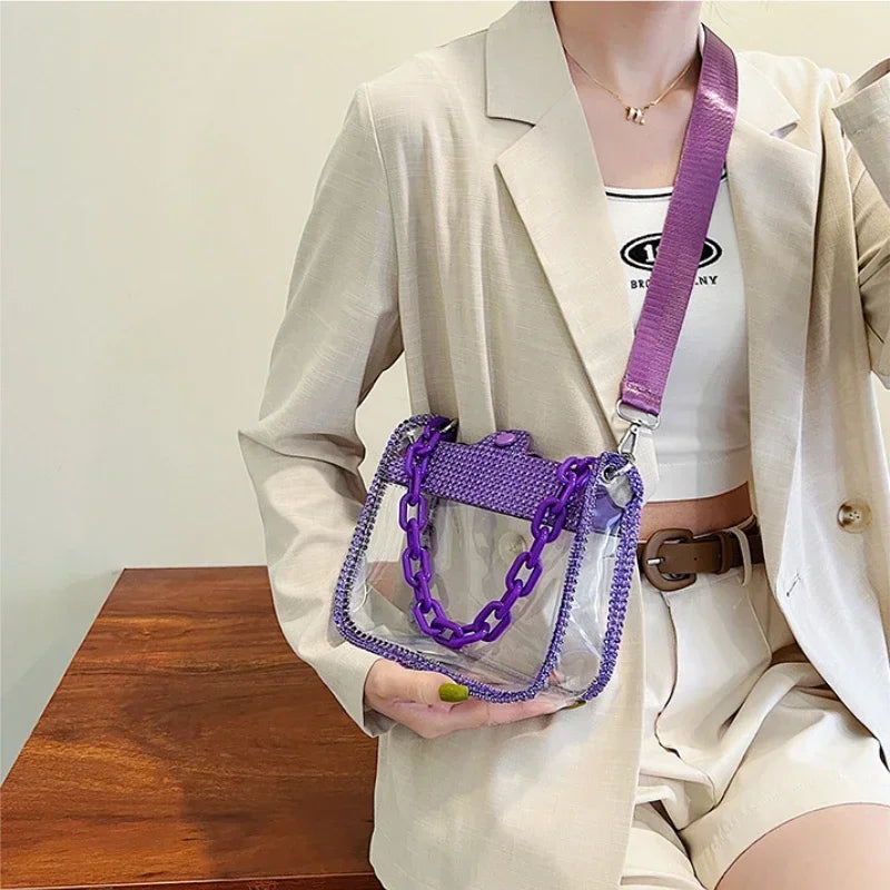 PVC Transparent Shoulder Crossbody Bag for Women Rhinestone Thick Chain Ladies Small Purse and Handbags Fashion Jelly Beach Tote