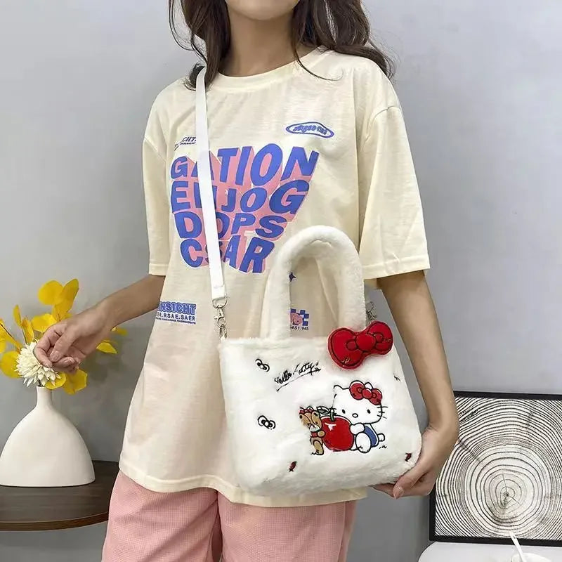 Women Sanrio Hello Kitty Plush Bag Kawaii Kuromi My Melody Anime Handbags Cinnamoroll Winter Luxury Brand Design Tote Bags Girls