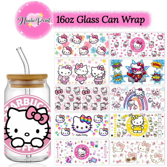 Hello Kitty 16oz UV DTF Cup Wrap Cartoon Libbey Glass Beer Can Tumbler Transfer Stickers Waterproof Permanent Adhesive