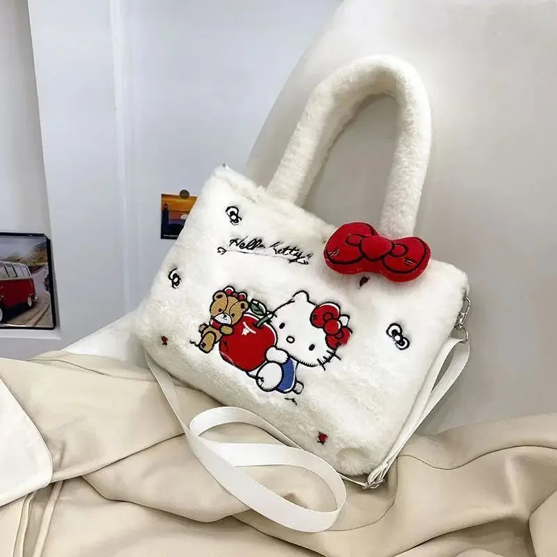 Women Sanrio Hello Kitty Plush Bag Kawaii Kuromi My Melody Anime Handbags Cinnamoroll Winter Luxury Brand Design Tote Bags Girls